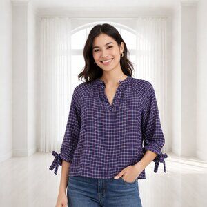 Madewell Plaid Tie-Sleeve Popover Top Cotton Linen Blend Size XS